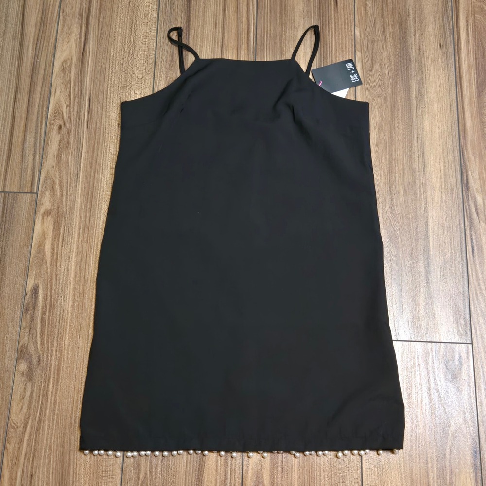 ERIC + LANI Black Square Neck Spaghetti Strap Pearl Hem Dress Size‎ M